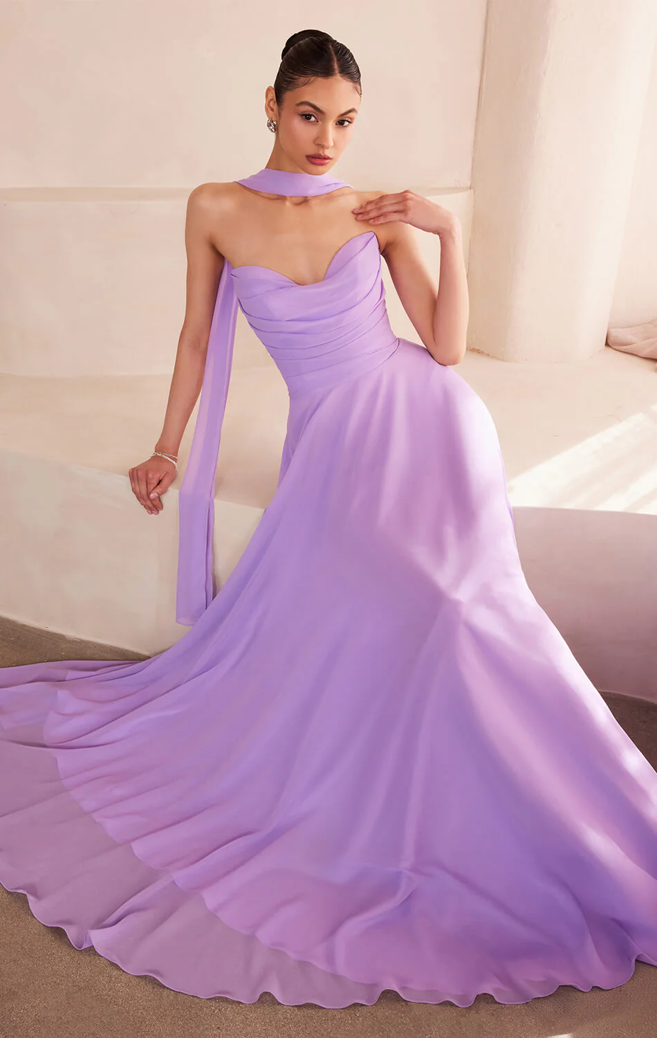 Ella Gown - A-line Strapless Chiffon Dress With Scarf - Image 13