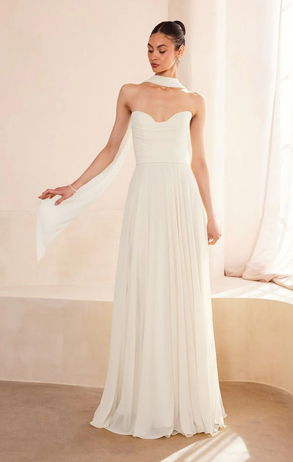 Ella Gown - A-line Strapless Chiffon Dress With Scarf - Off White