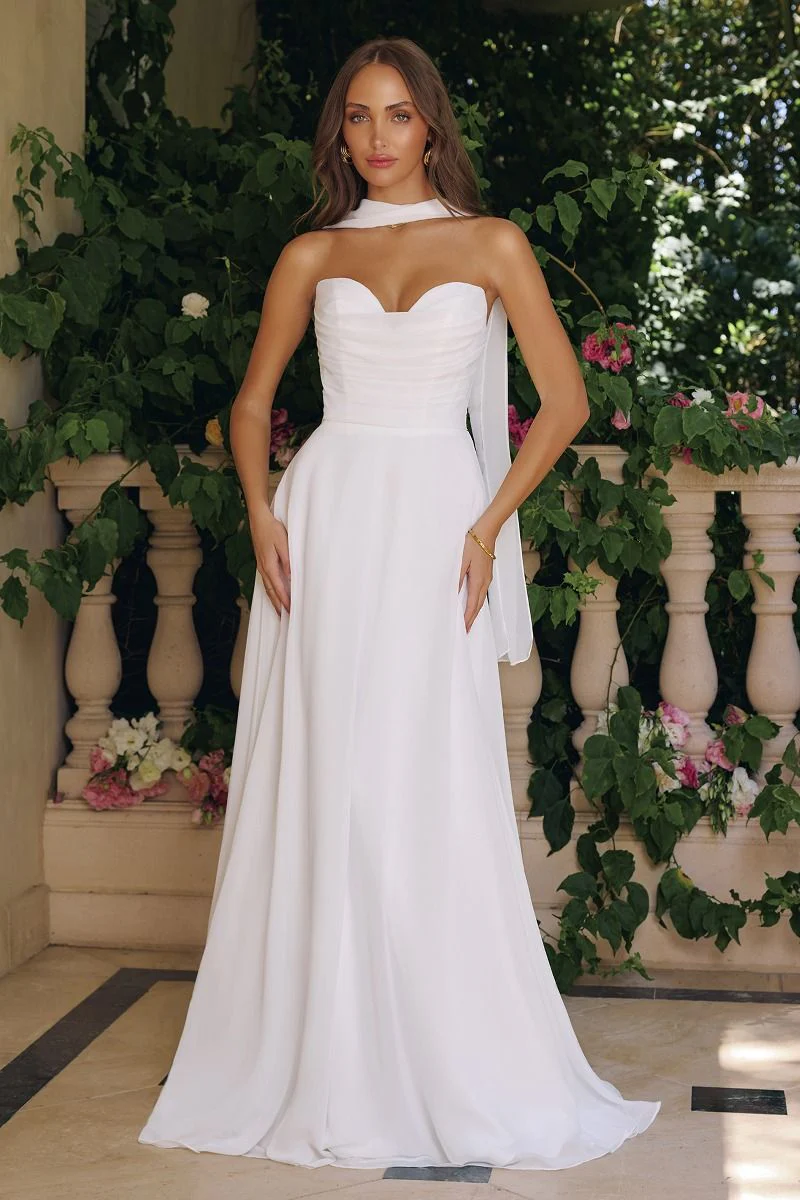 Ella Gown - A-line Strapless Chiffon Dress With Scarf - Off White - Image 3