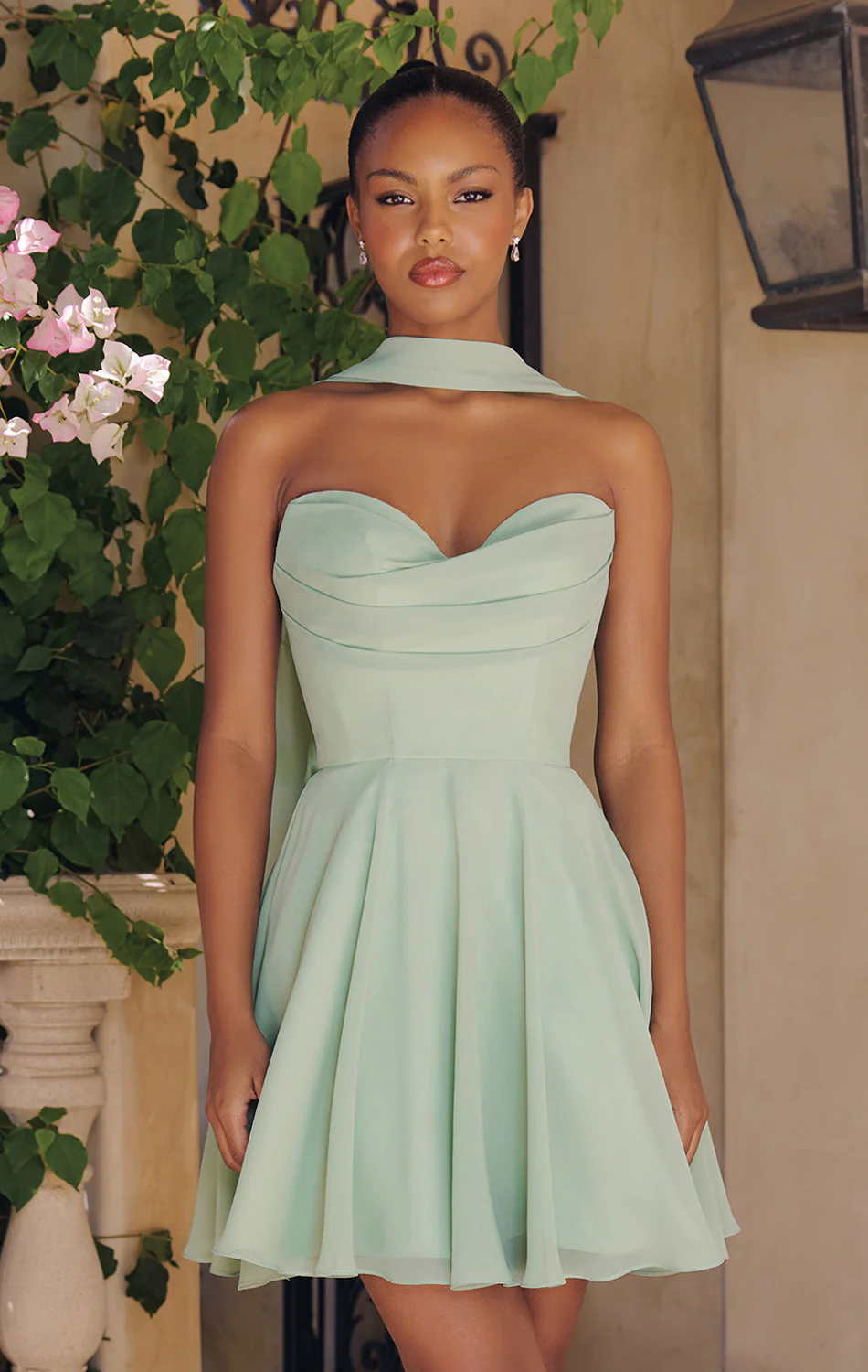 Ella Mini Dress - A-line Strapless Chiffon Cocktail Dress With Scarf - Image 3