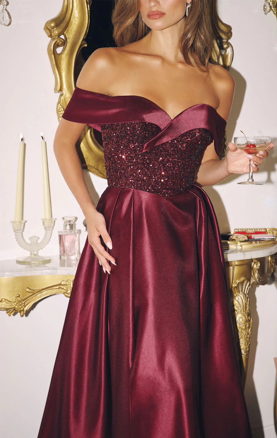 FANNING GOWN - OFF THE SHOULDER SEQUIN CORSET SATIN DRESS - Image 4