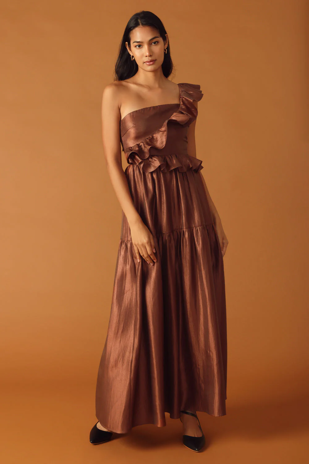 FIND THE ANSWER BROWN SATIN ONE SHOULDER MAXI DRESS
