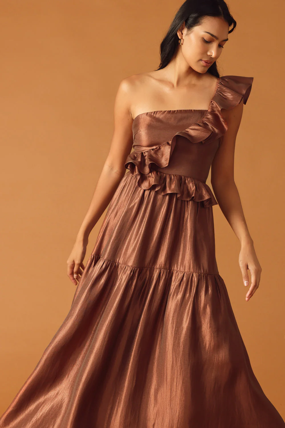 FIND THE ANSWER BROWN SATIN ONE SHOULDER MAXI DRESS - Image 2