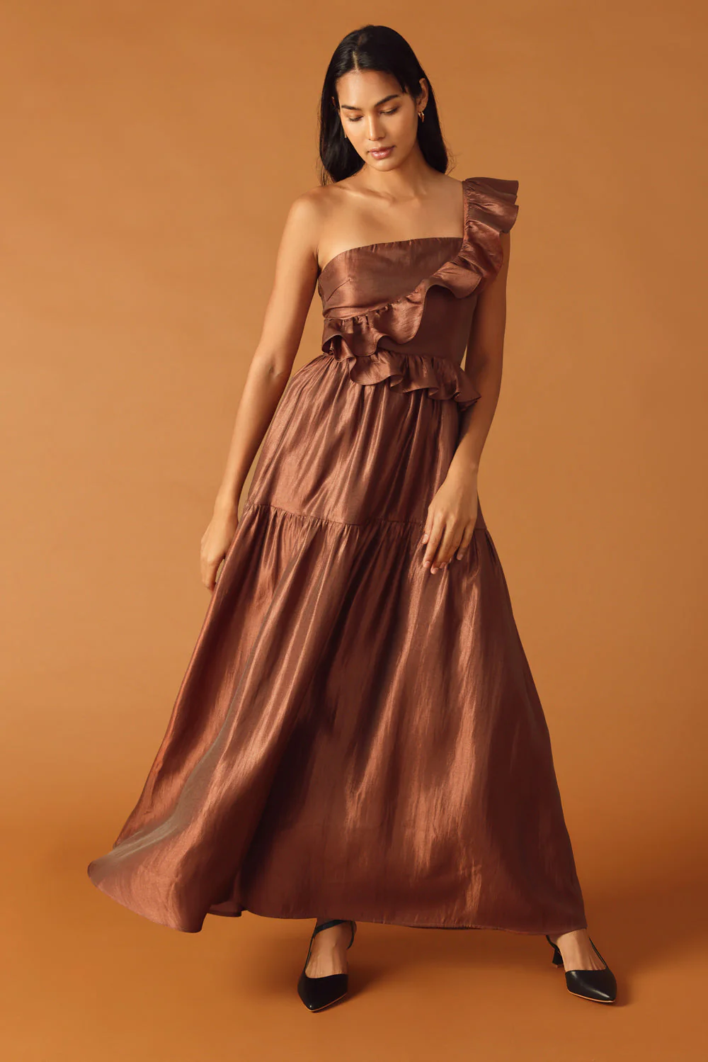 FIND THE ANSWER BROWN SATIN ONE SHOULDER MAXI DRESS - Image 4