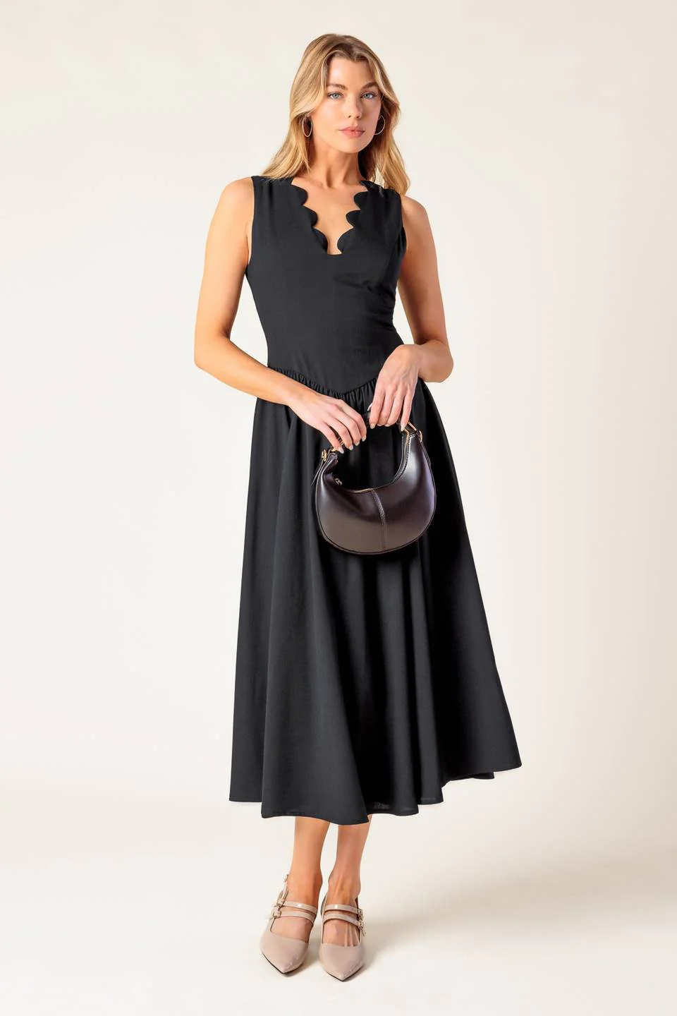 FOR THE RECORD SCALLOP-V MIDI DRESS - BLACK