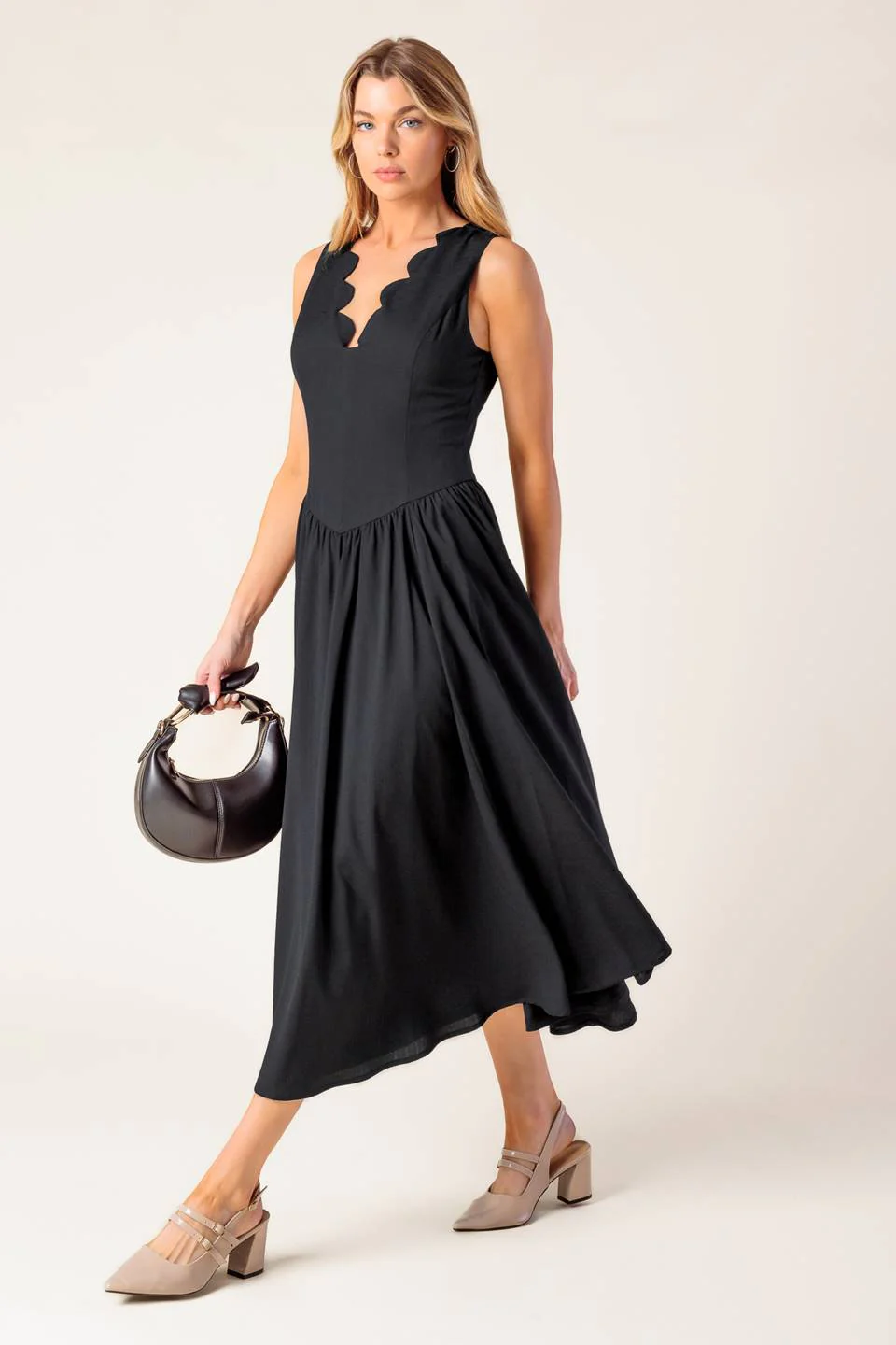 FOR THE RECORD SCALLOP-V MIDI DRESS - BLACK - Image 5