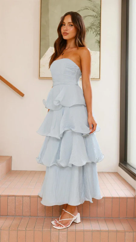 Gabby Maxi Dress - Pale Blue - Strapless Tiered Dress - Image 3