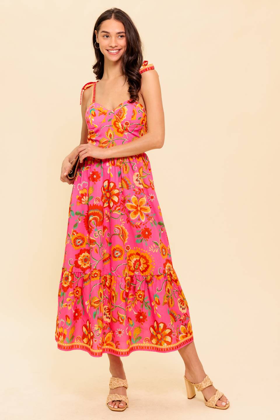 GARDEN GATHERING BUSTIER MIDI DRESS - PINK MULTI - Image 4