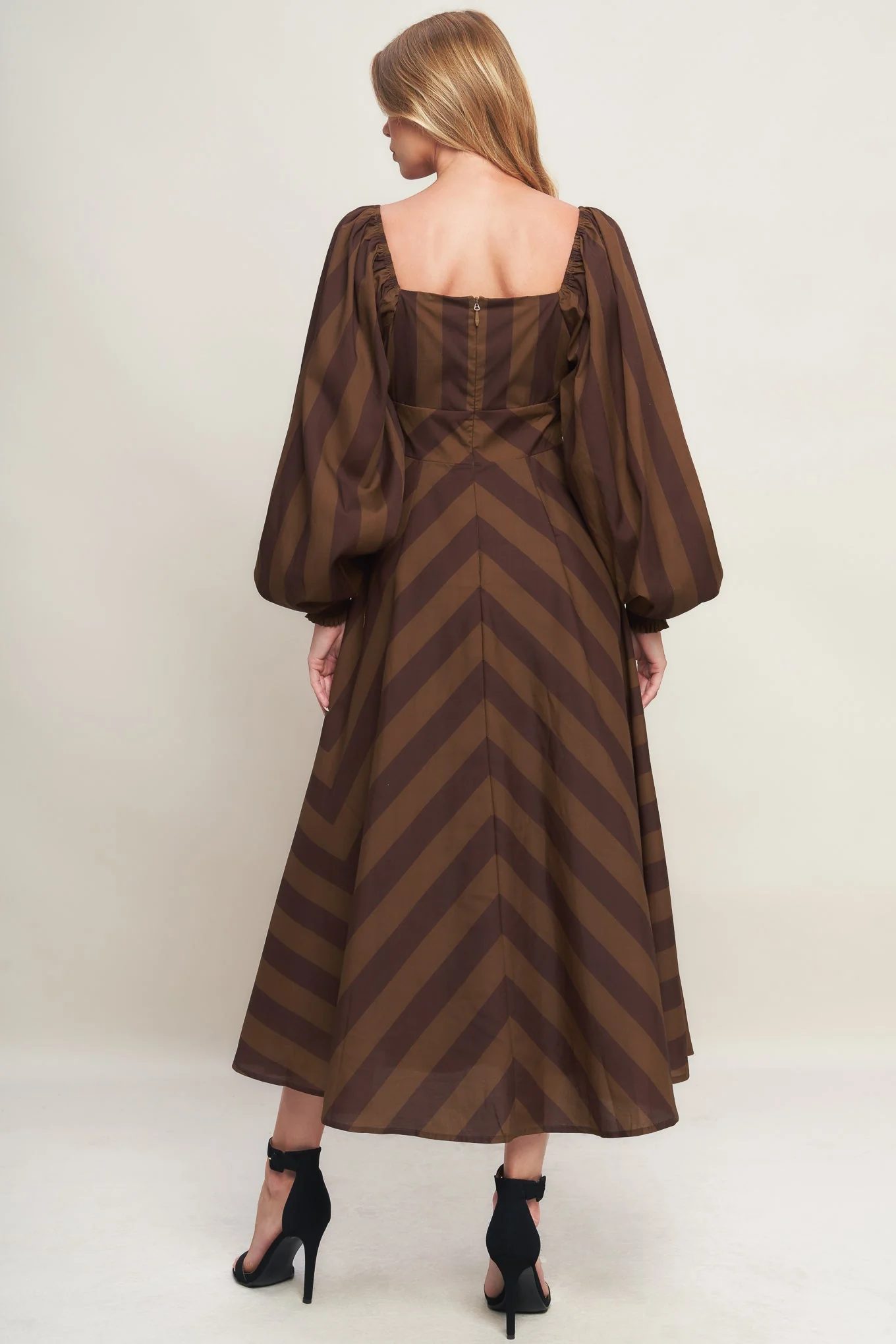 GODDESS BROWN STRIPE LONG SLEEVE MIDI DRESS - Image 2