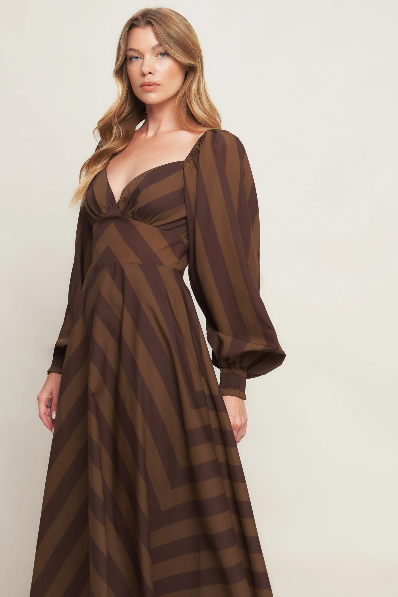GODDESS BROWN STRIPE LONG SLEEVE MIDI DRESS - Image 4