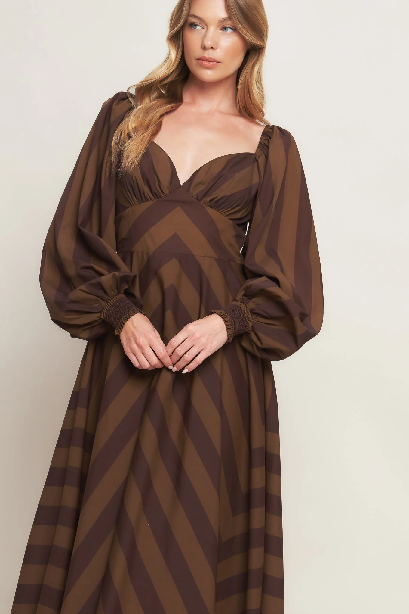 GODDESS BROWN STRIPE LONG SLEEVE MIDI DRESS - Image 5