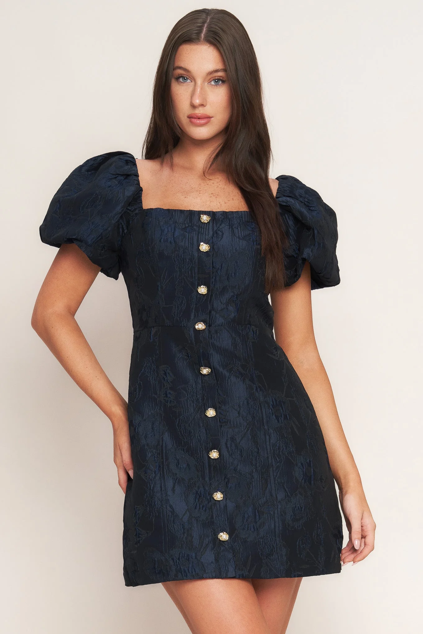 GOLDEN MOON NAVY PUFF SLEEVE MINI DRESS - Image 2