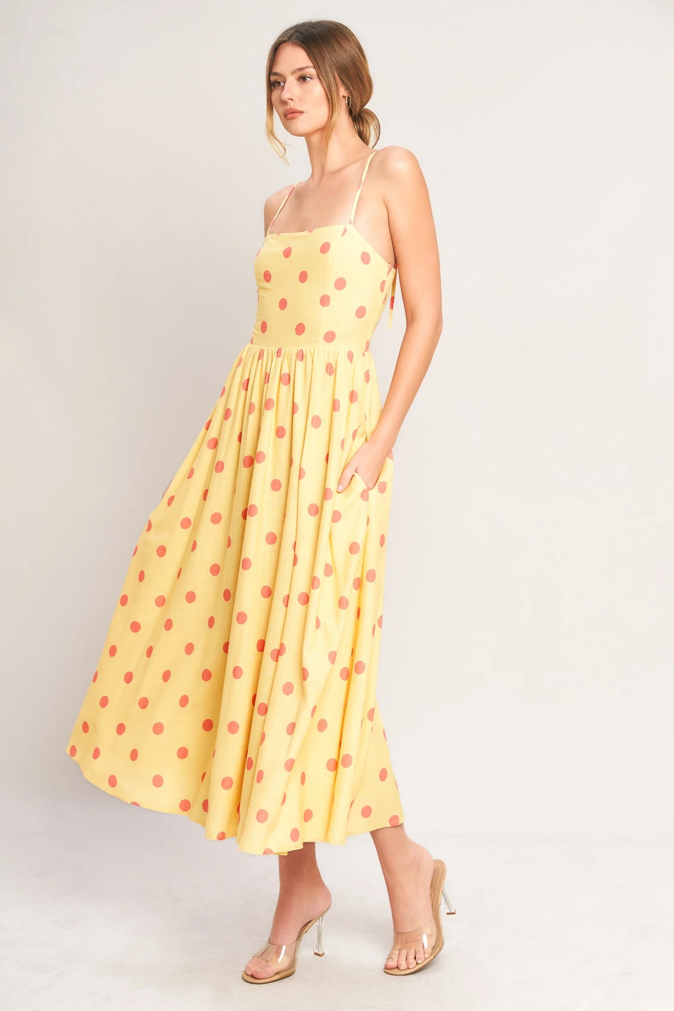 GOLDEN SUMMER POLKA DOT YELLOW MIDI DRESS - Image 4