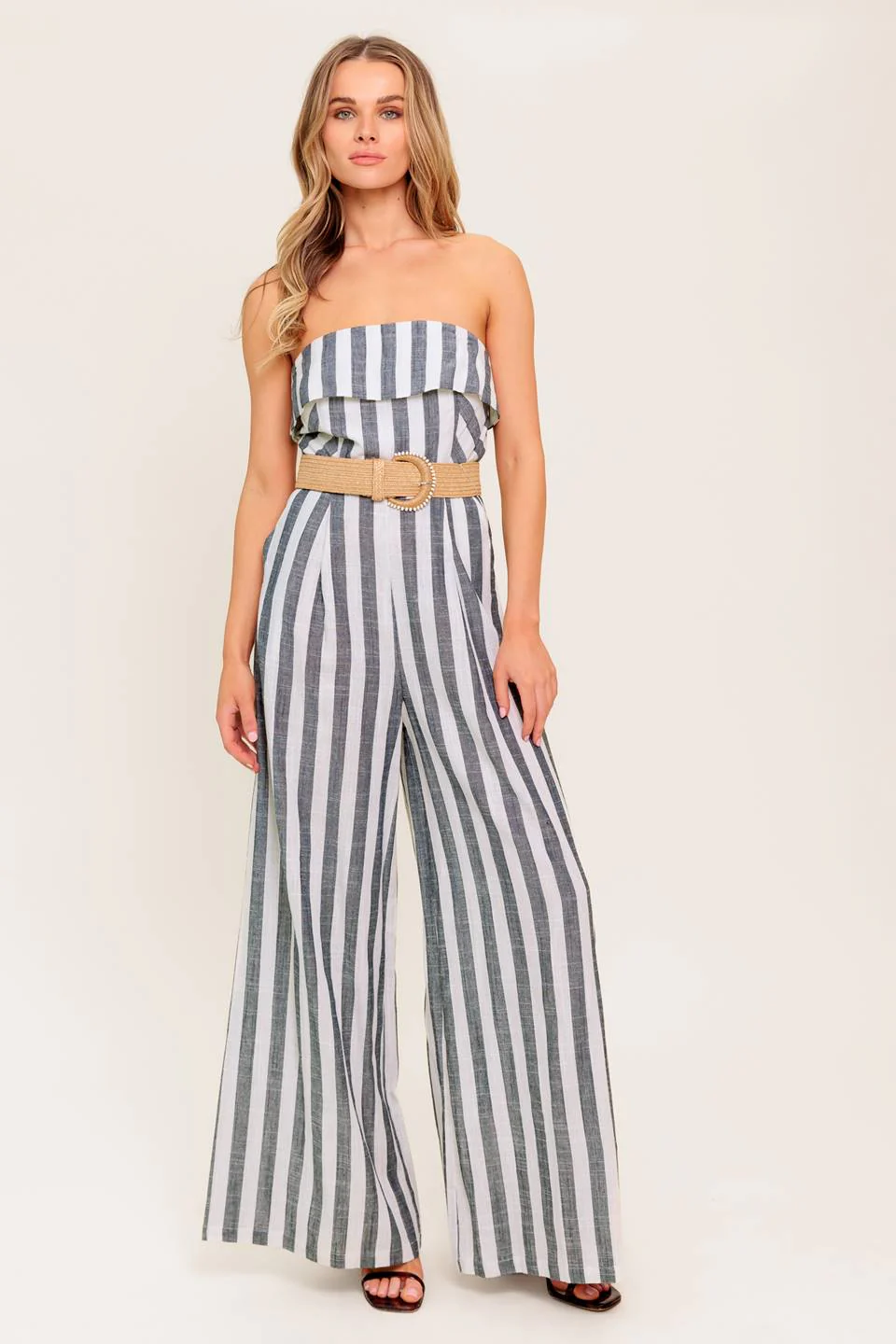 GREER STRAPLESS JUMPSUIT - WHITE & CHARCOAL STRIPE - Image 4