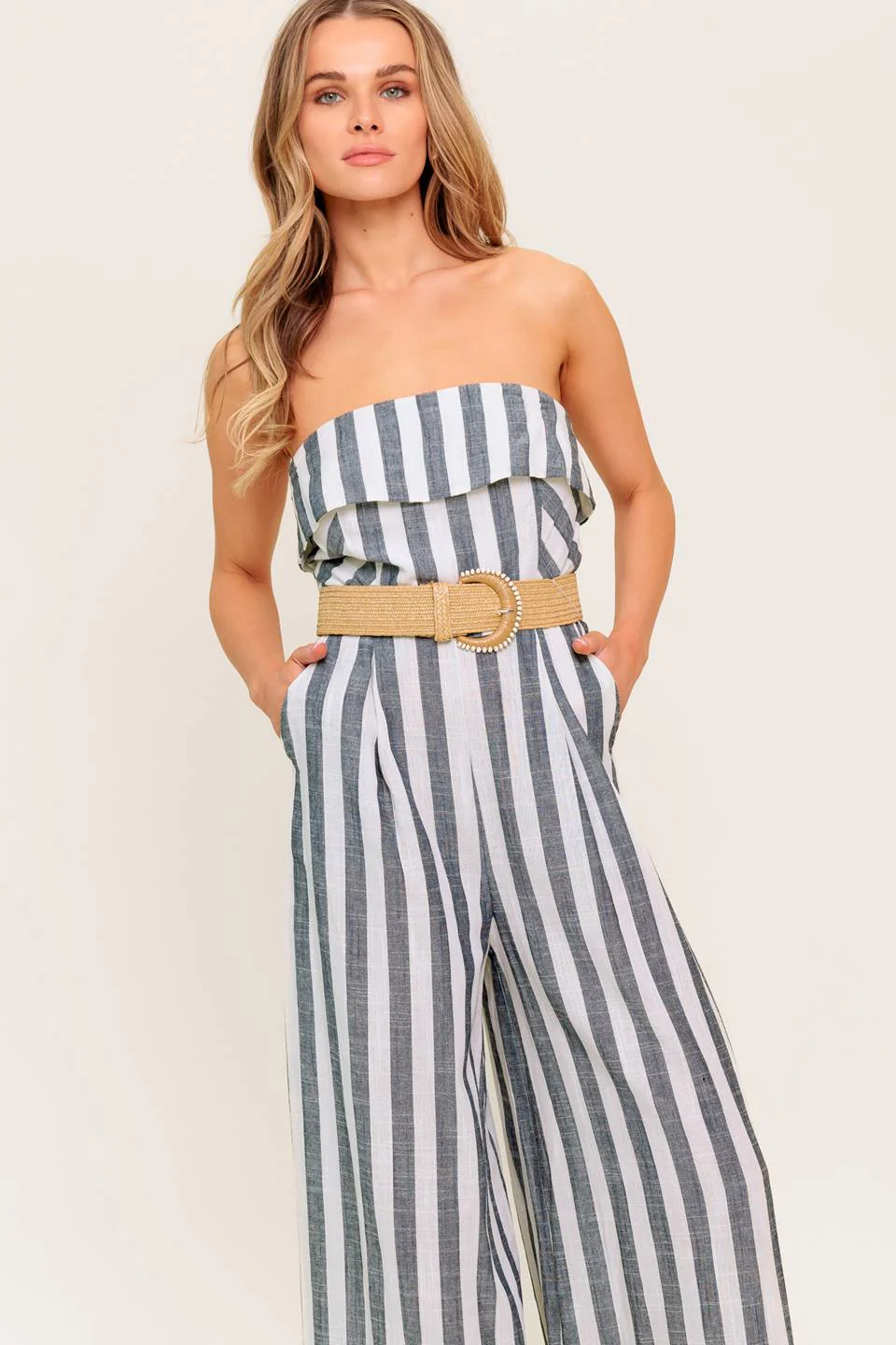 GREER STRAPLESS JUMPSUIT - WHITE & CHARCOAL STRIPE - Image 5