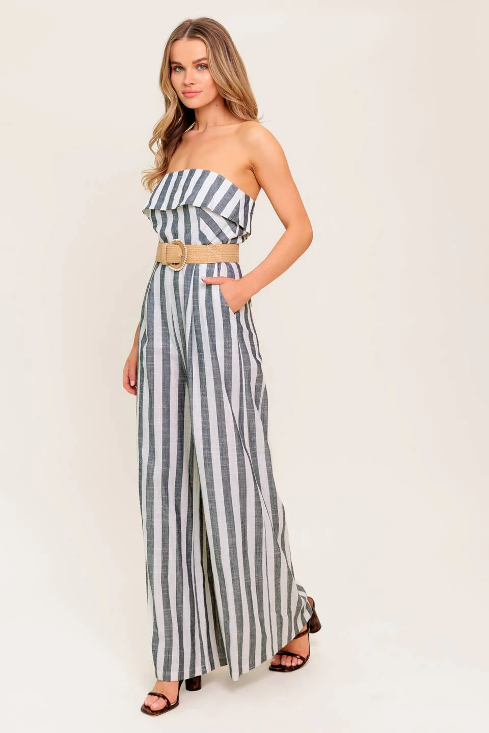 GREER STRAPLESS JUMPSUIT - WHITE & CHARCOAL STRIPE - Image 6