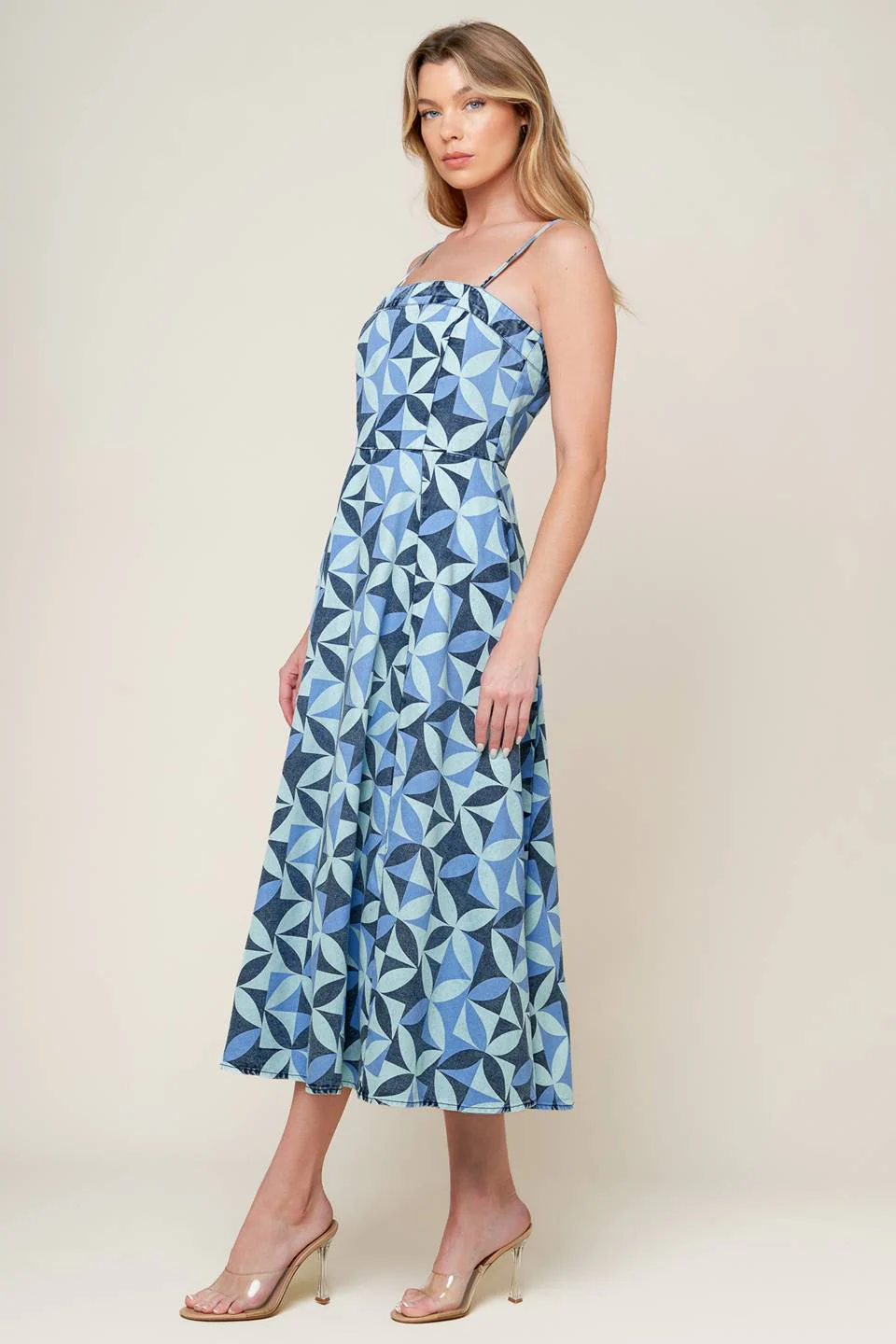 GWENNY - GEOMETRIC BLUE DENIM MIDI DRESS - Image 5