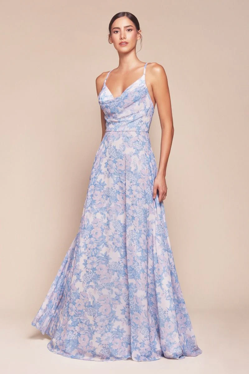 IRIS GOWN - BLUE - A-LINE SOFT CHIFFON PRINT DRESS