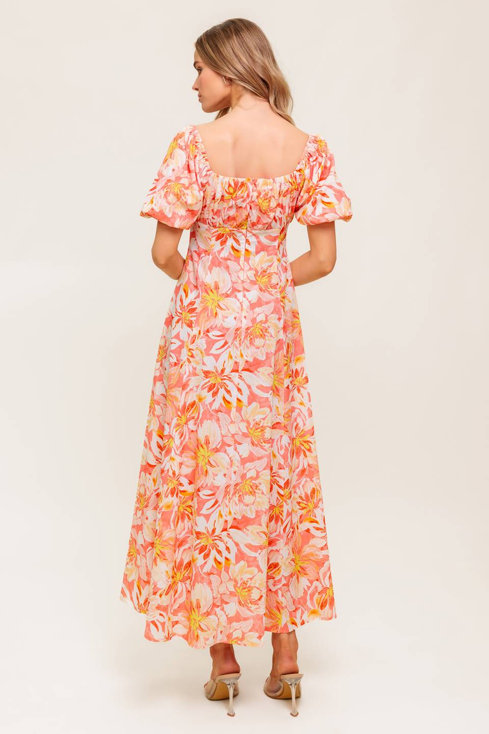 ISLAND FLOWERS PUFF SLEEVE MIDI DRESS - CORAL - Image 2