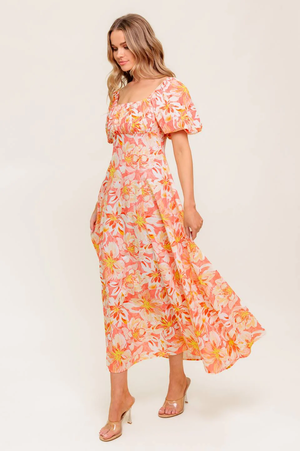 ISLAND FLOWERS PUFF SLEEVE MIDI DRESS - CORAL - Image 3
