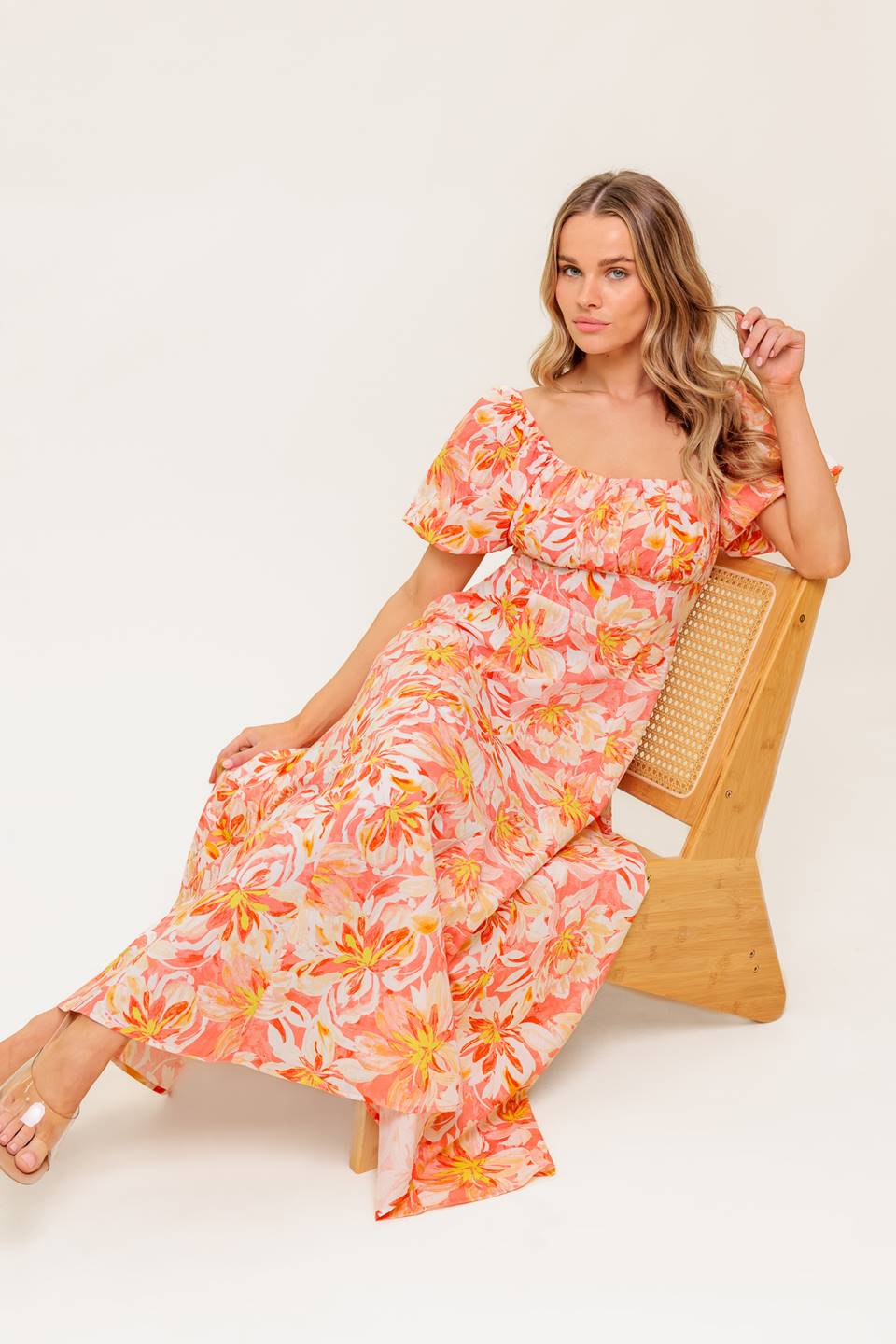 ISLAND FLOWERS PUFF SLEEVE MIDI DRESS - CORAL - Image 4