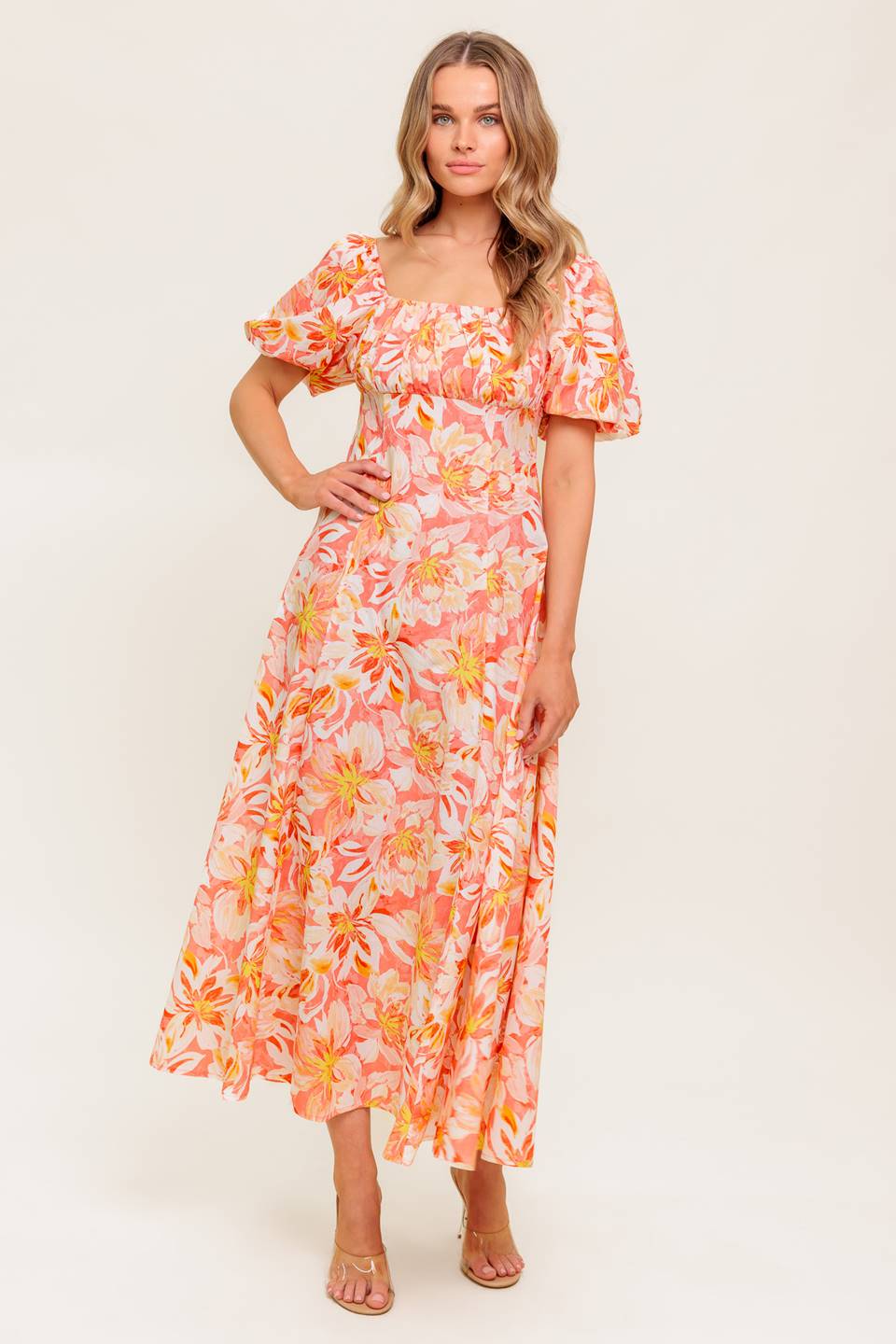 ISLAND FLOWERS PUFF SLEEVE MIDI DRESS - CORAL - Image 5