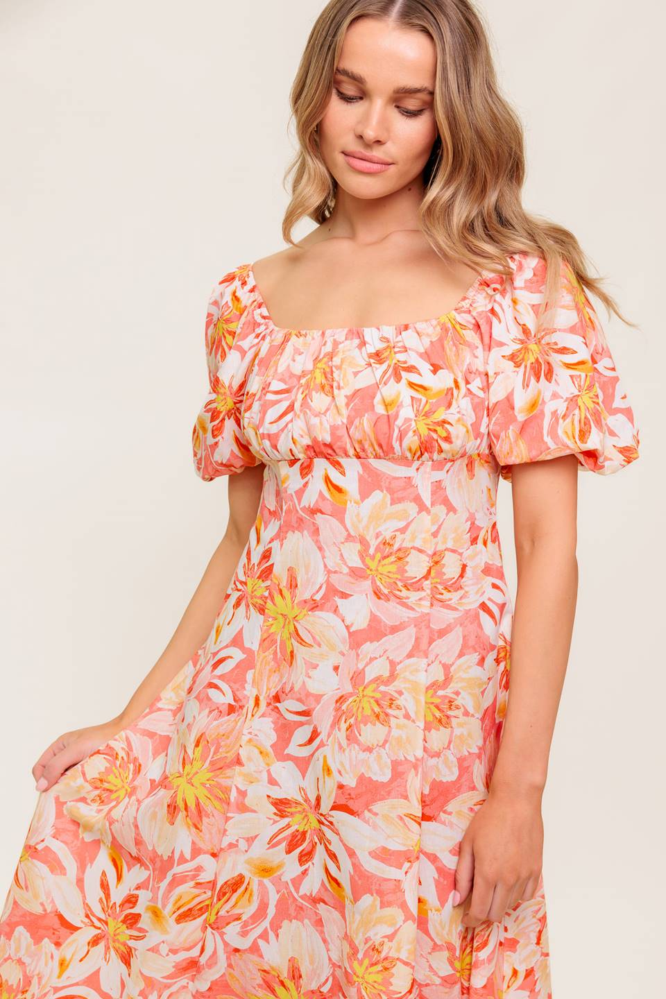 ISLAND FLOWERS PUFF SLEEVE MIDI DRESS - CORAL - Image 6
