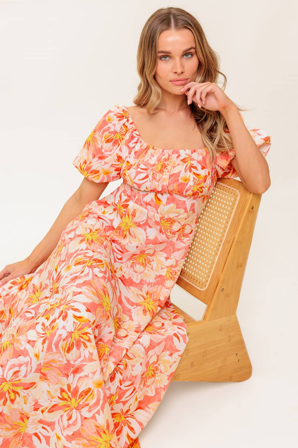 ISLAND FLOWERS PUFF SLEEVE MIDI DRESS - CORAL - Image 7