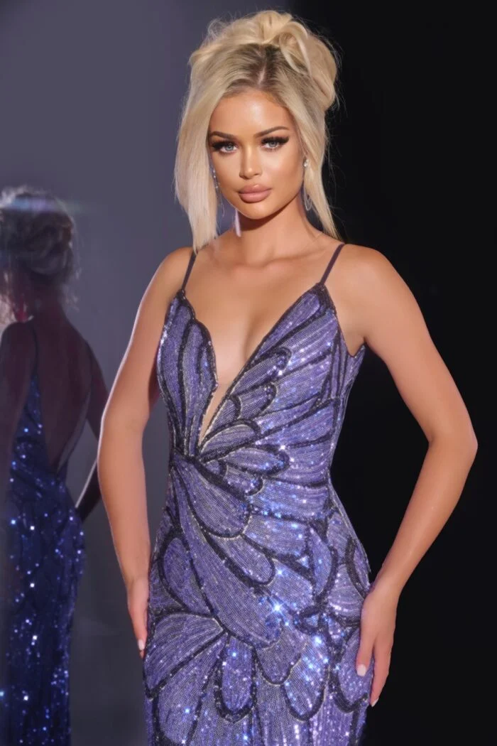 42600 - Jovani - Royal Blue Sequin Plunging V-Neck Gown with Intricate Beading - Image 3