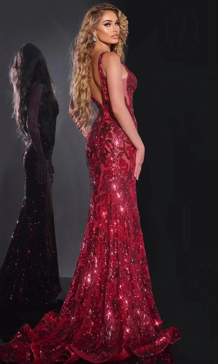 40757 - Jovani - Burgundy Floral Sequin Gown - Image 2