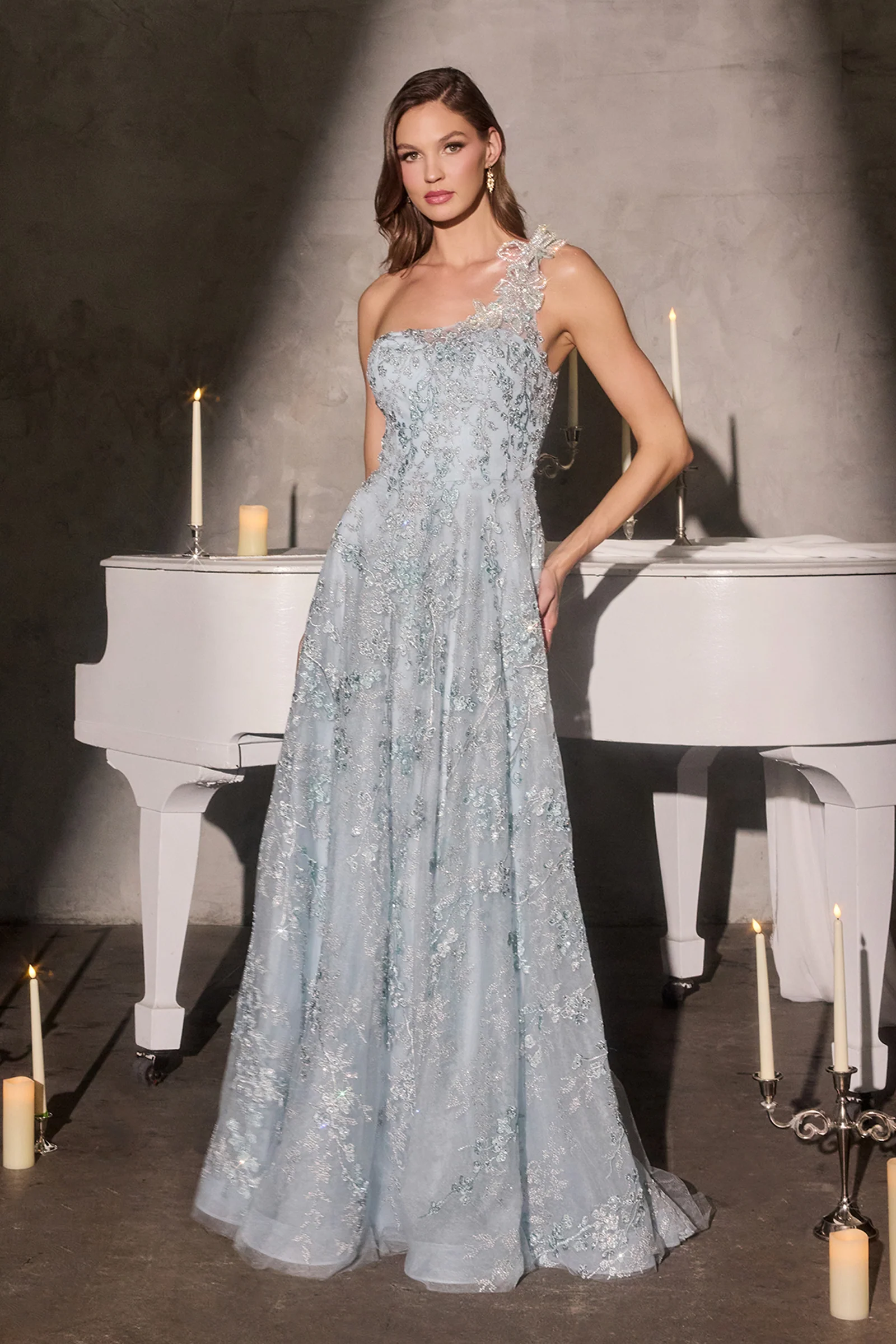 June A-line Gown - One Shoulder Floral Appliqué Evening Dress - Image 2