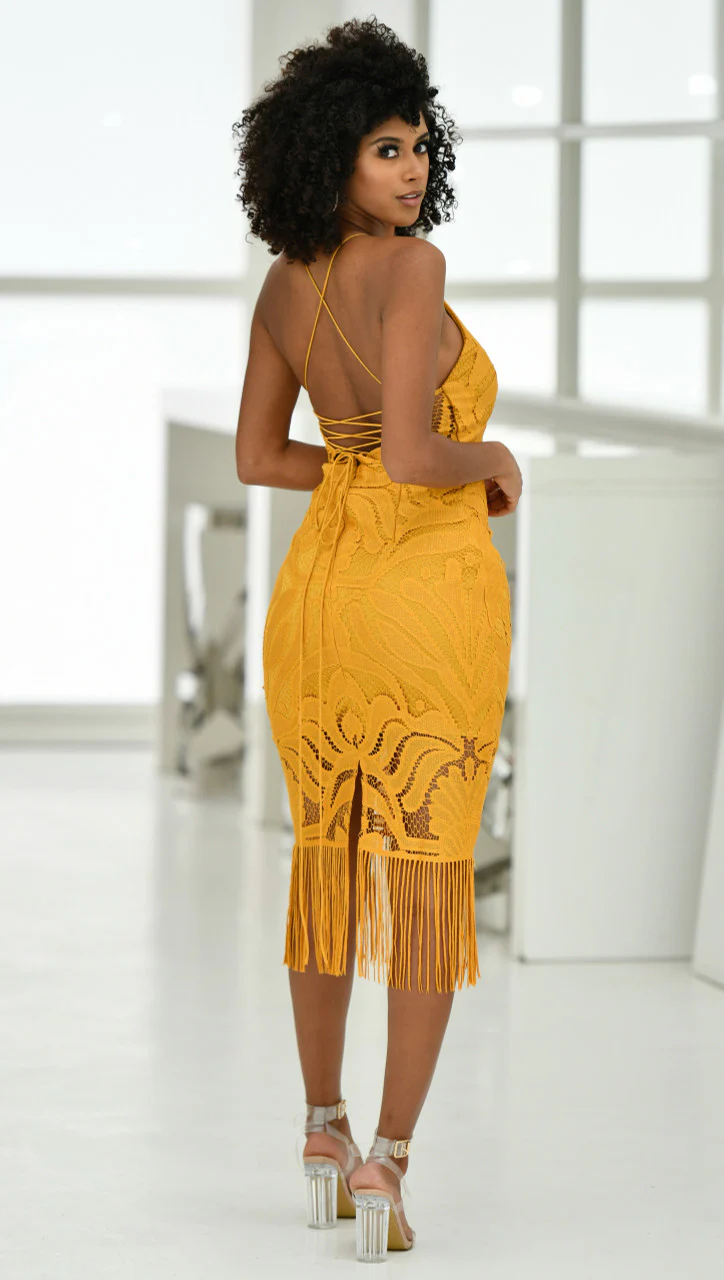 Khaleesi Dress - Mustard - Lace Dress With Fringe - Image 3
