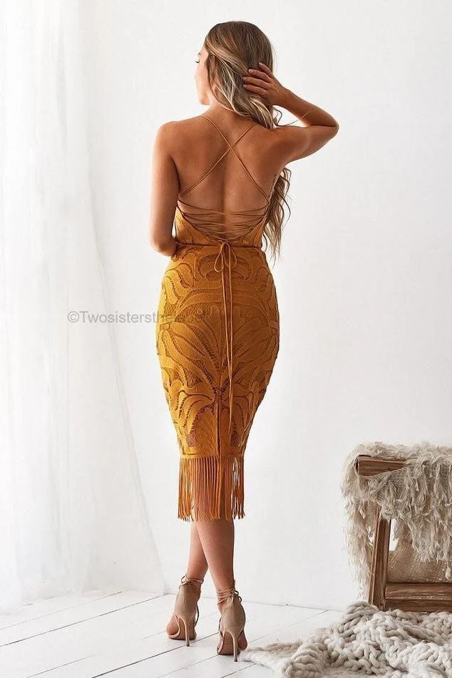 Khaleesi Dress - Mustard - Lace Dress With Fringe - Image 5