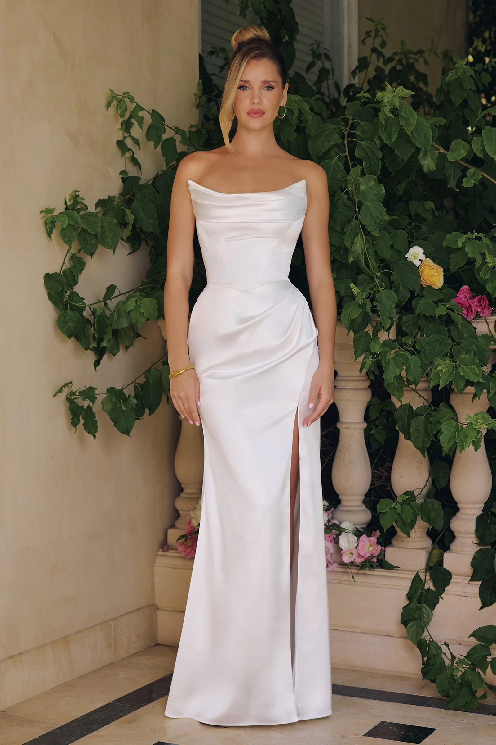 Kieran Gown - Off-White Stretch Satin Fitted Dress - Image 4