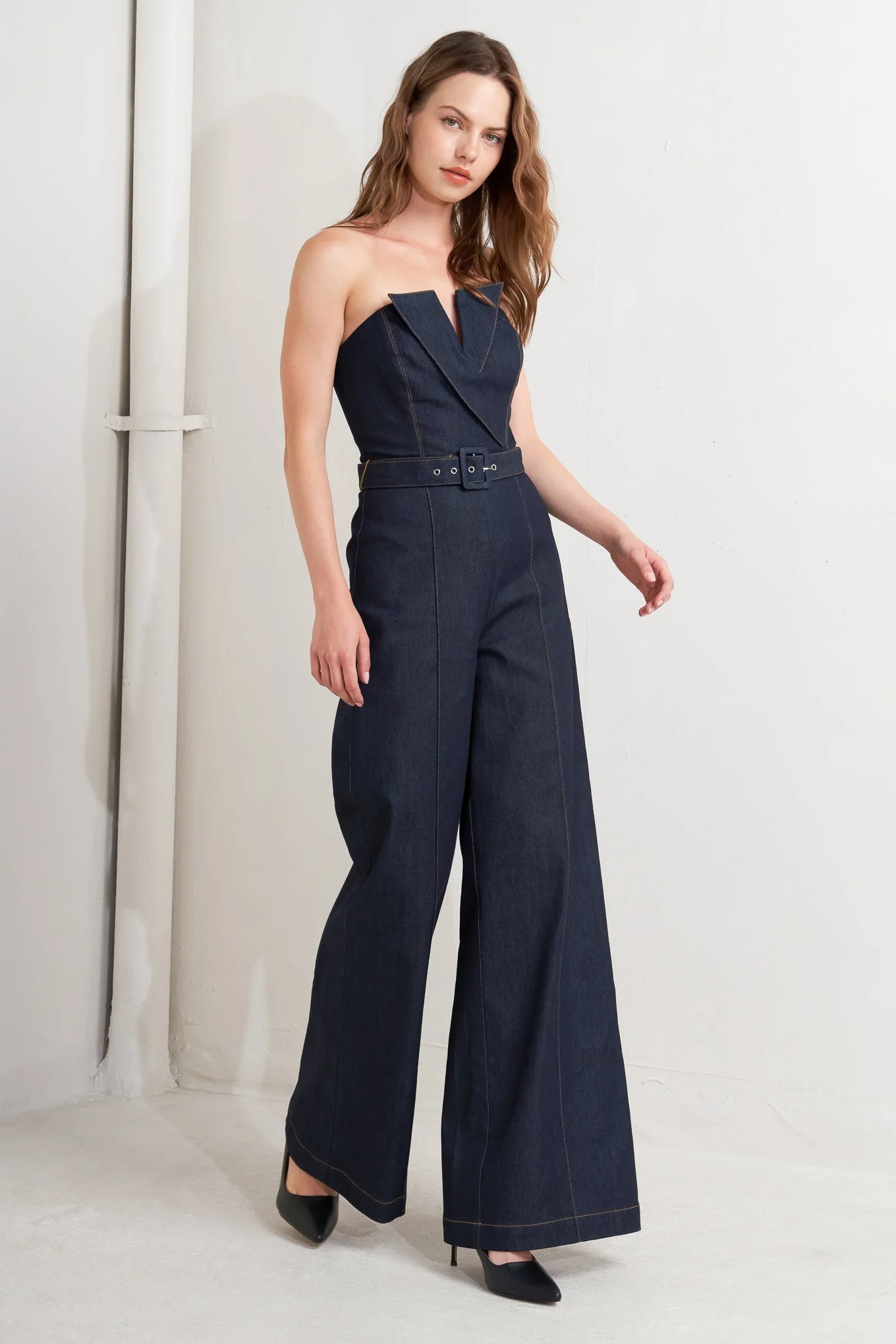 LE BONHEUR V CUT VOW DENIM JUMPSUIT - FINAL SALE