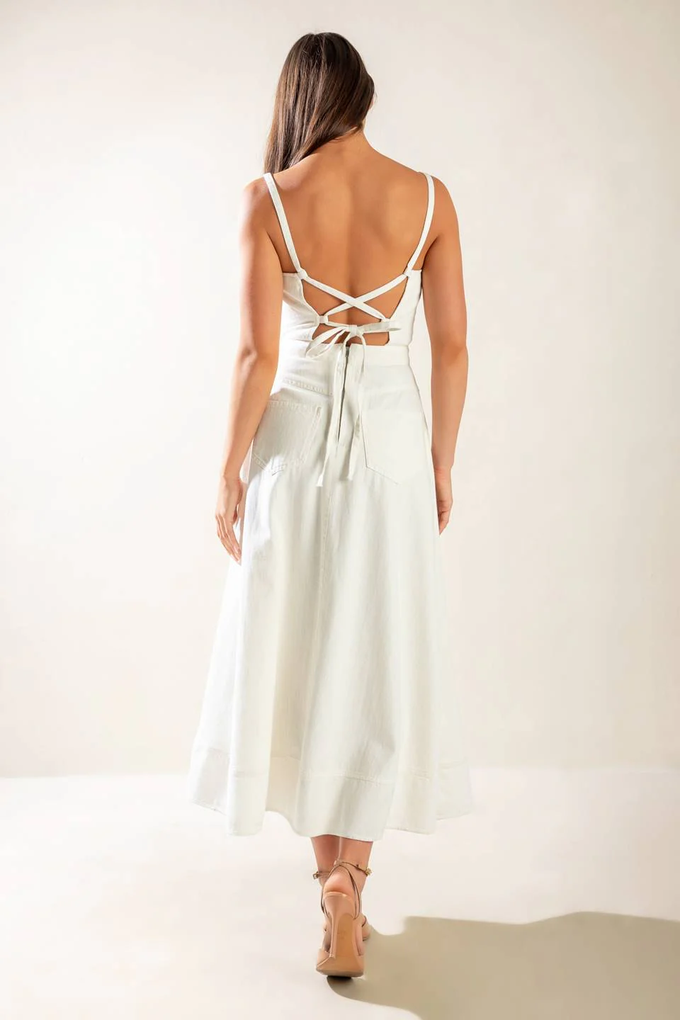 LET'S GO FOR A WALK - WHITE - LACE UP BACK MIDI DRESS - Image 3