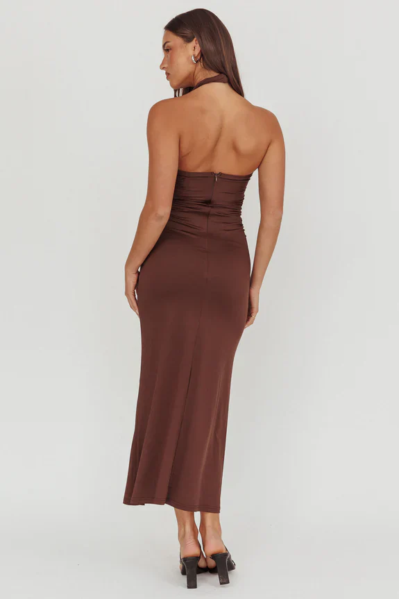 LOIS TWIST HALTER MAXI DRESS - CHOCOLATE - Image 2