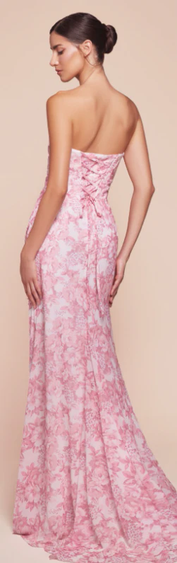 MARTA GOWN - BLUE - STRAPLESS FLORAL PRINTED SOFT CHIFFON DRESS - Image 4