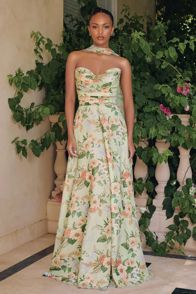 MEADOWS GOWN - STRAPLESS A-LINE SAGE FLORAL CHIFFON GOWN WITH SCARF