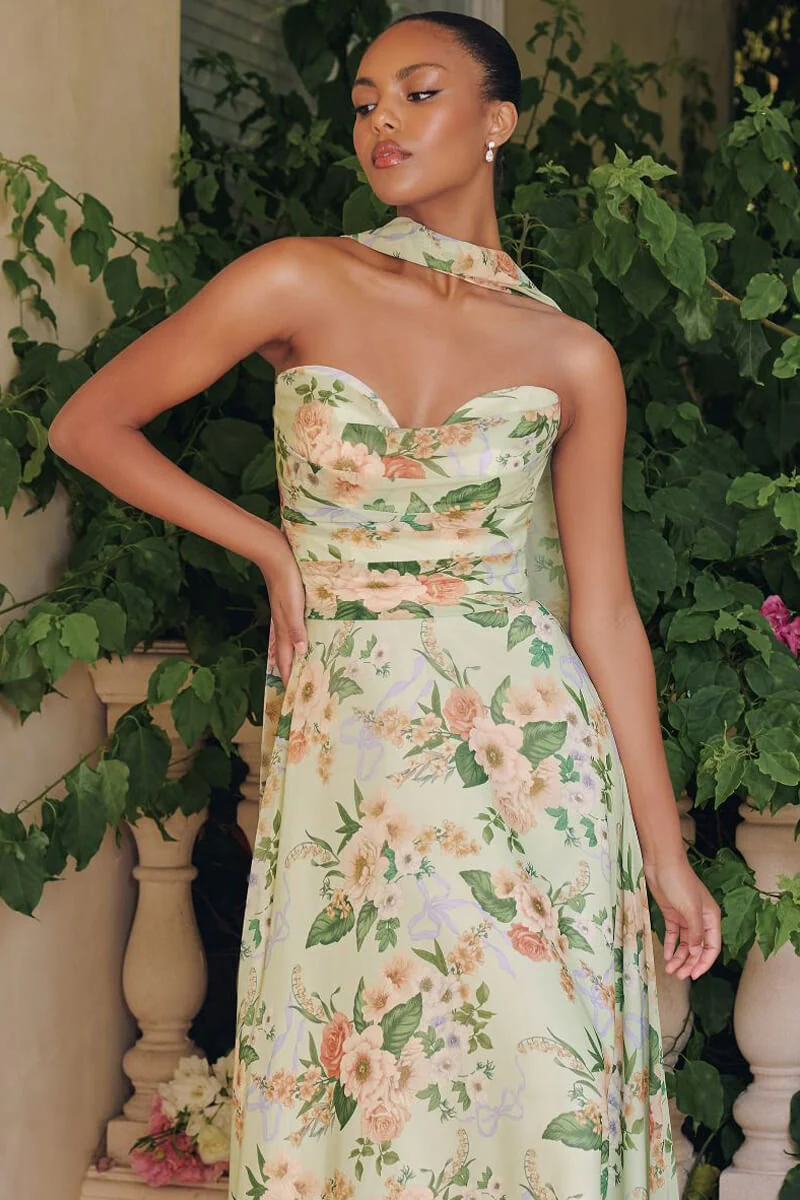 MEADOWS GOWN - STRAPLESS A-LINE SAGE FLORAL CHIFFON GOWN WITH SCARF - Image 4