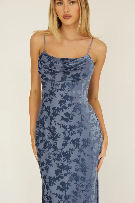 MEREDITH MAXI - SLATE BLUE FLORAL BURNOUT DRESS - Image 3