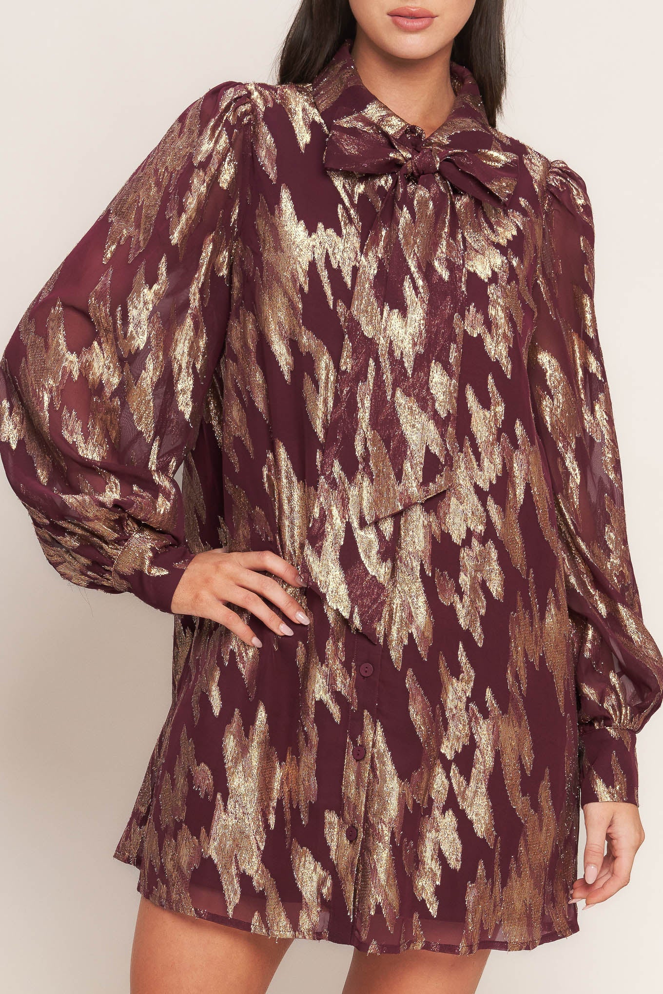 METALLIC MUSE BURGUNDY LONG SLEEVE MINI DRESS - FINAL SALE - Image 3