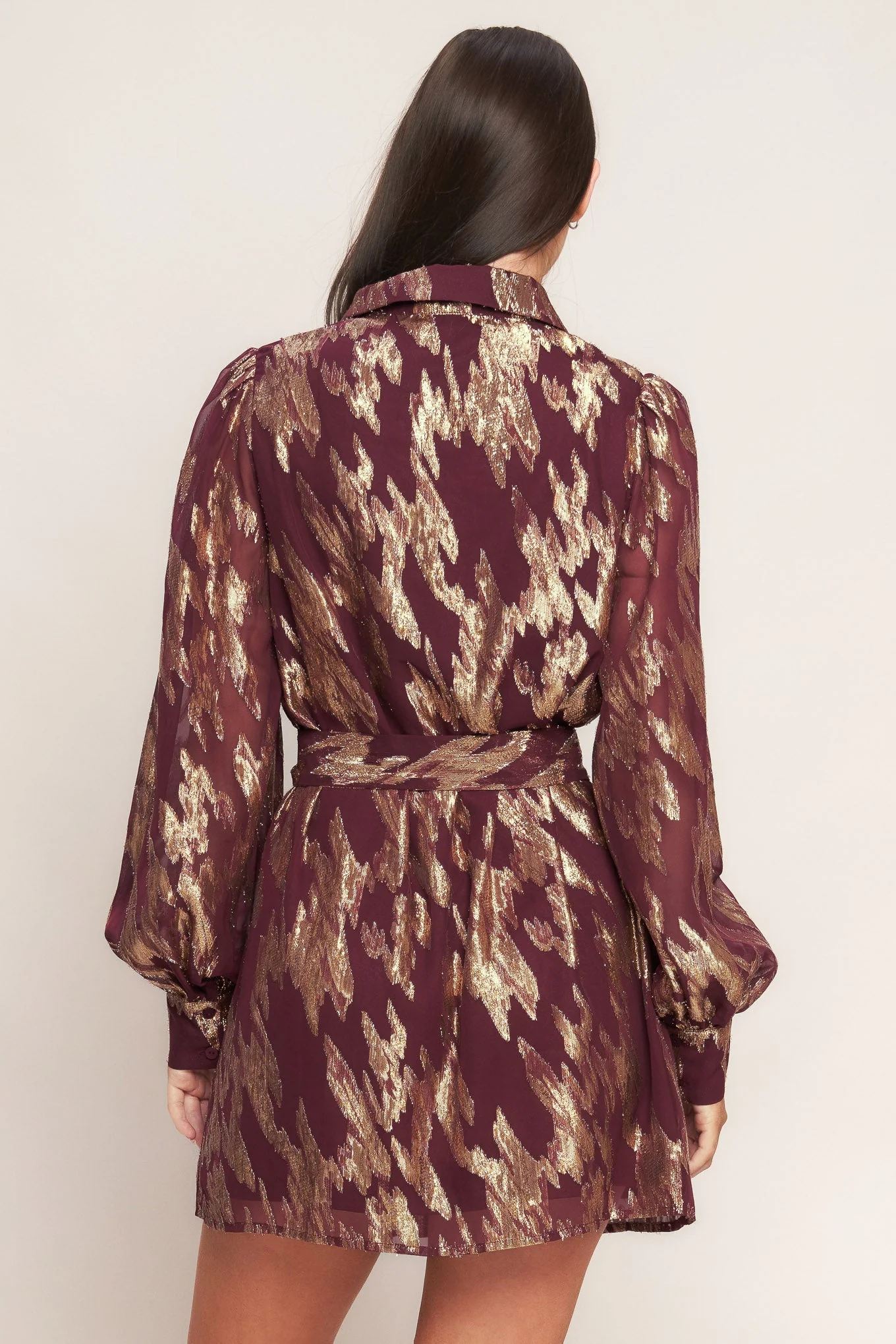 METALLIC MUSE BURGUNDY LONG SLEEVE MINI DRESS - FINAL SALE - Image 4