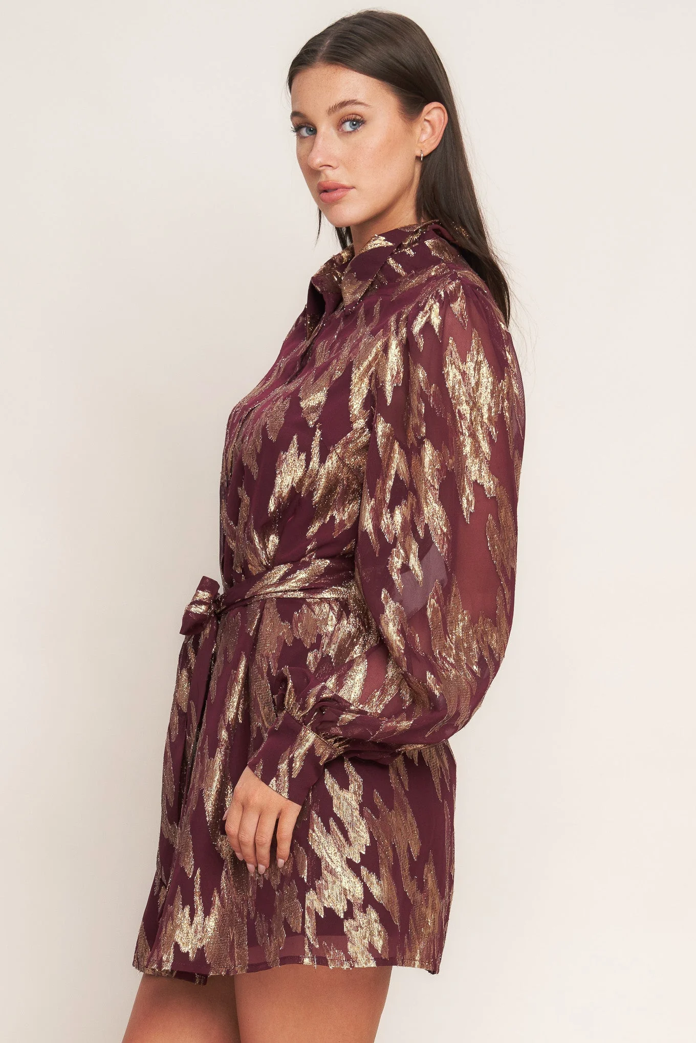 METALLIC MUSE BURGUNDY LONG SLEEVE MINI DRESS - FINAL SALE - Image 5
