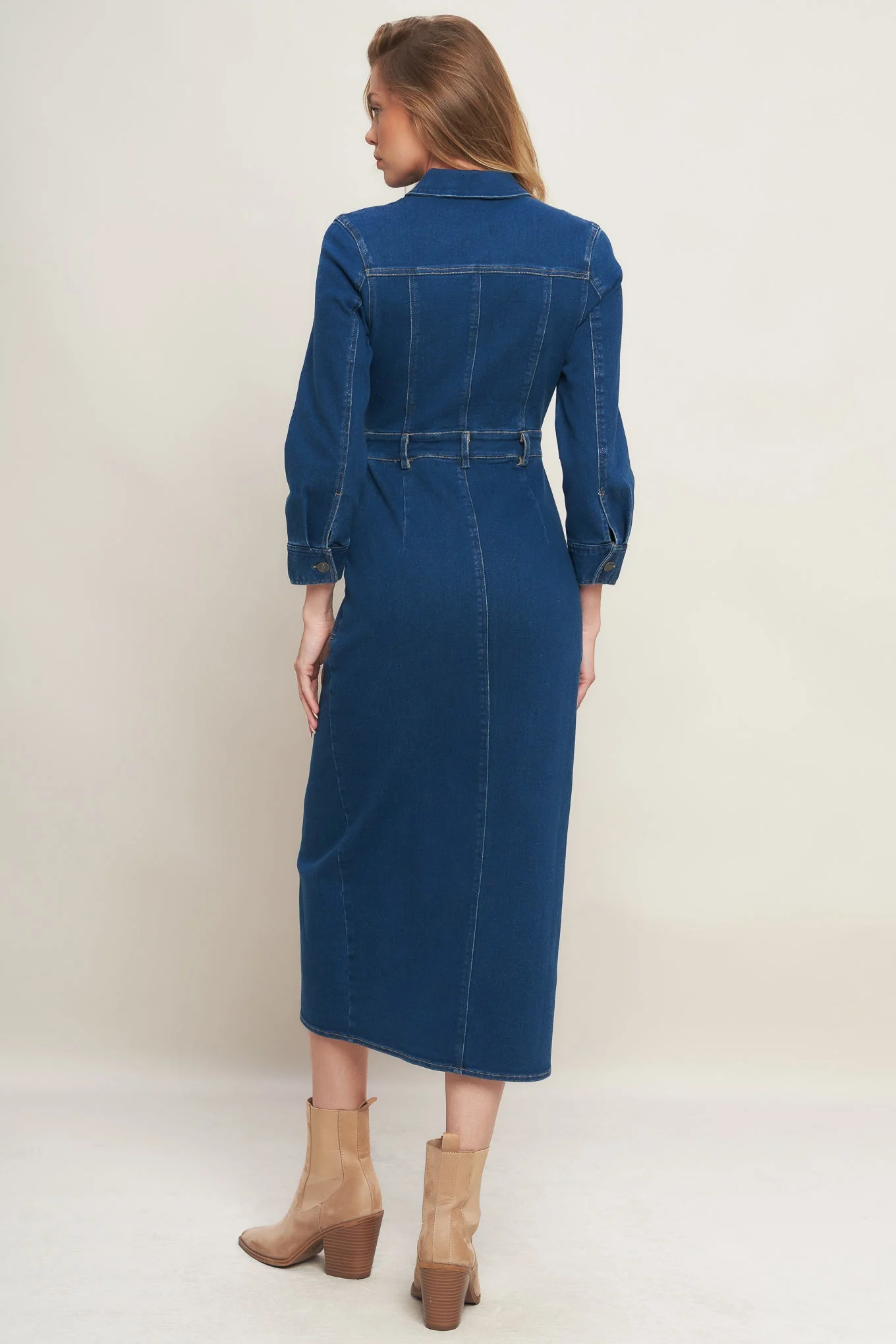 MIDNIGHT DARK INDIGO DENIM MIDI DRESS - Image 2