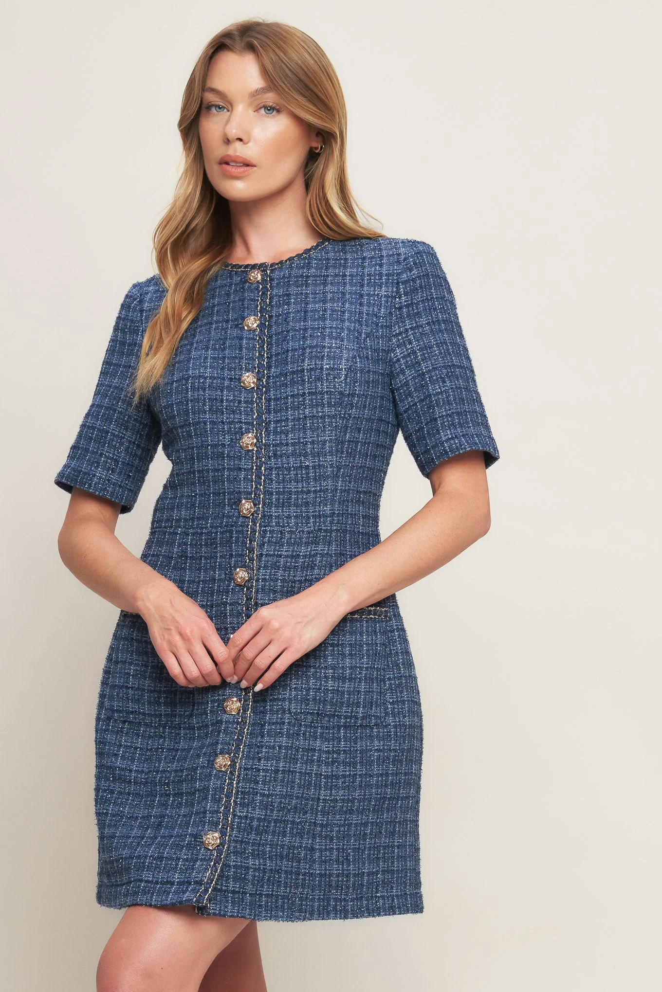 MODERN ICONIC BLUE TWEED MINI DRESS - Image 3