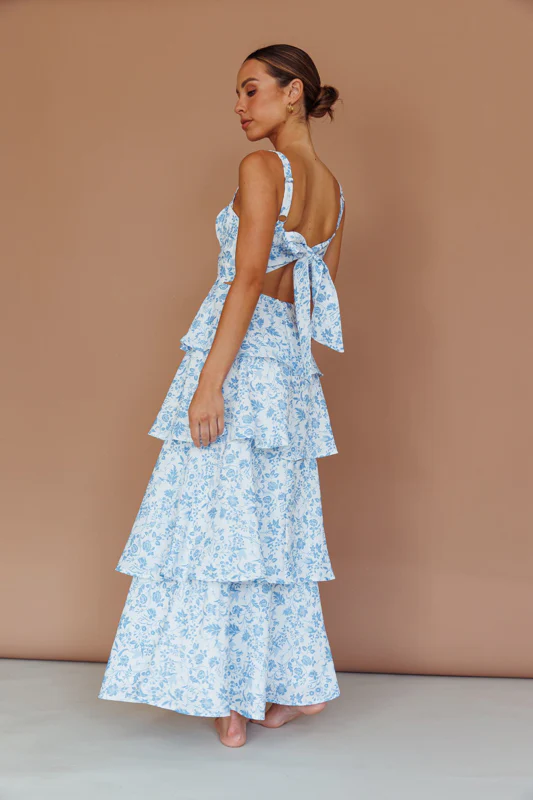 Molly Maxi Dress - Blue Floral Tiered Dress with Bow - Image 2