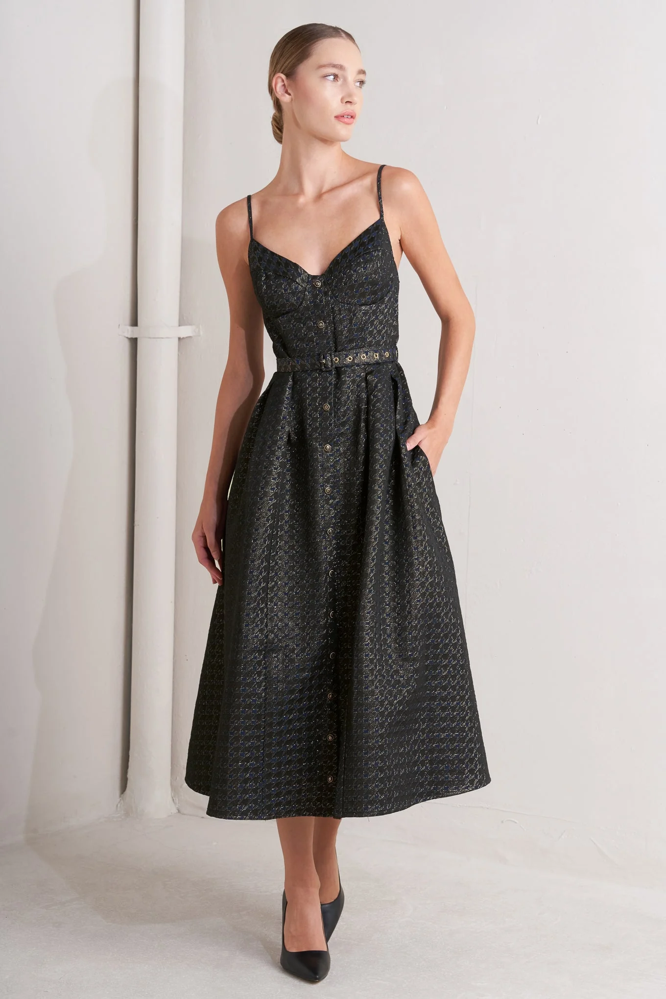NOIR TAPESTRY NAVY & GOLD MIDI DRESS