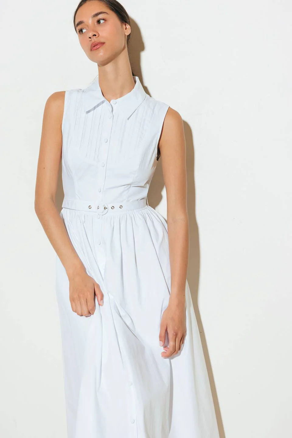 NORTH EAST MIDI - White Cotton Pintuck Midi Shirt Dress - Image 4
