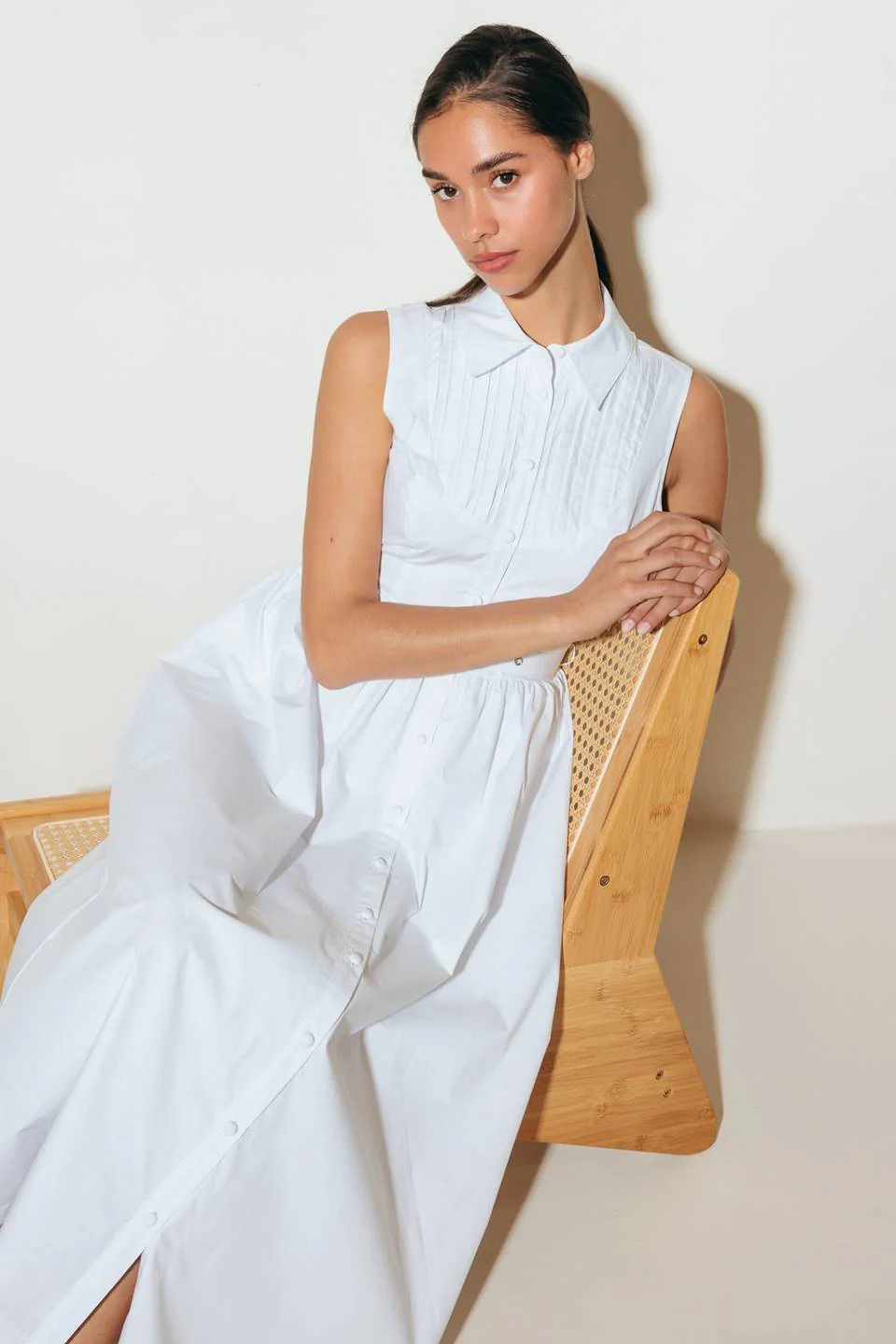 NORTH EAST MIDI - White Cotton Pintuck Midi Shirt Dress - Image 7